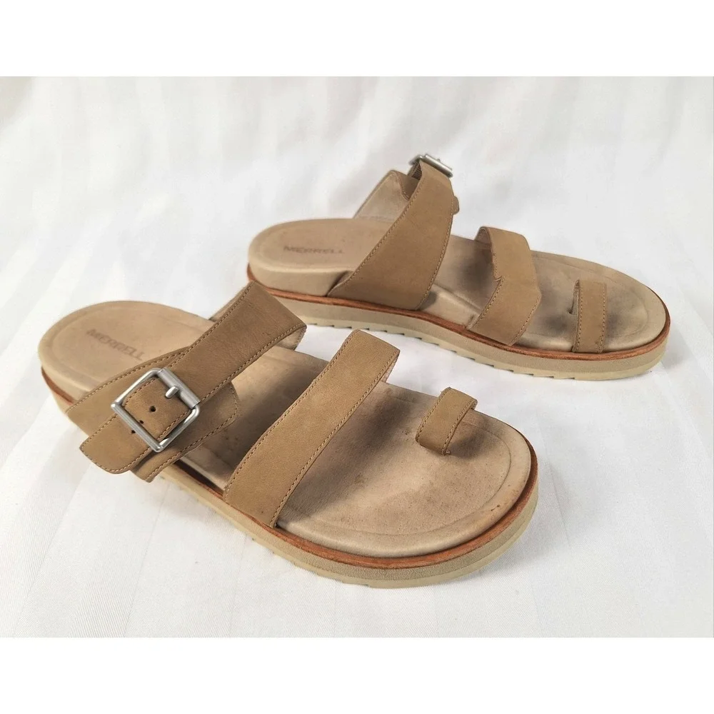 Merrell Juno Buckle‎ Slide Sandals Womens 9 Camel Leather Toe Loop Tan